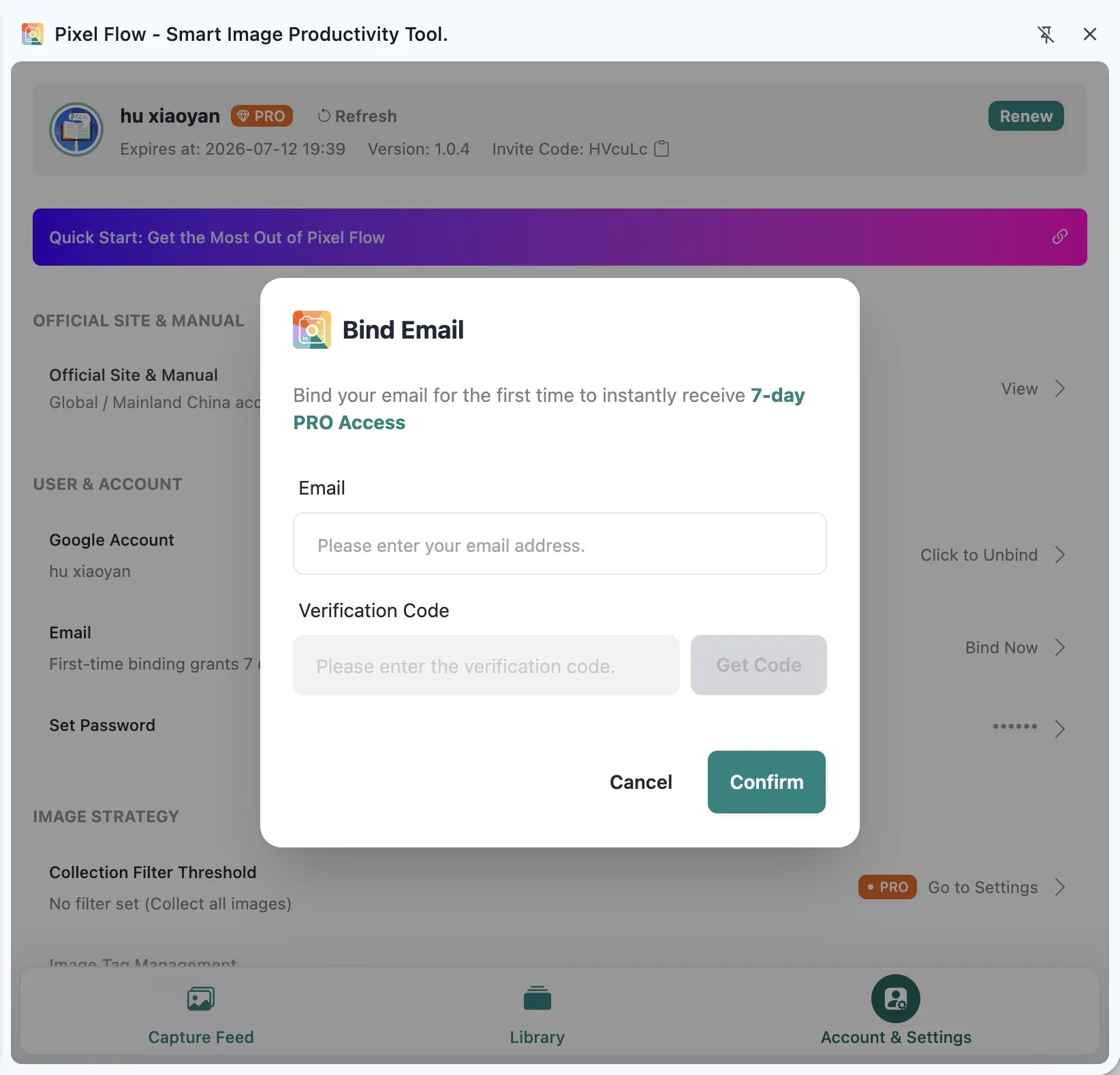 Pixel Flow Bind Email dialog