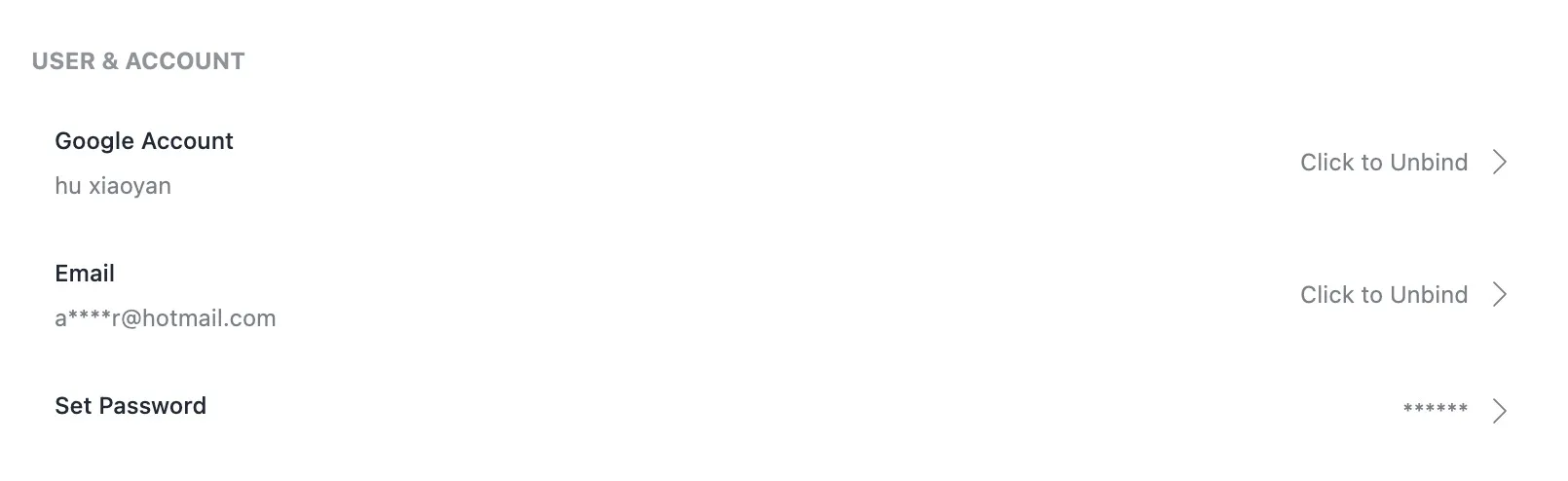 Pixel Flow User & Account area with Google Account, Email, and Set Password entries