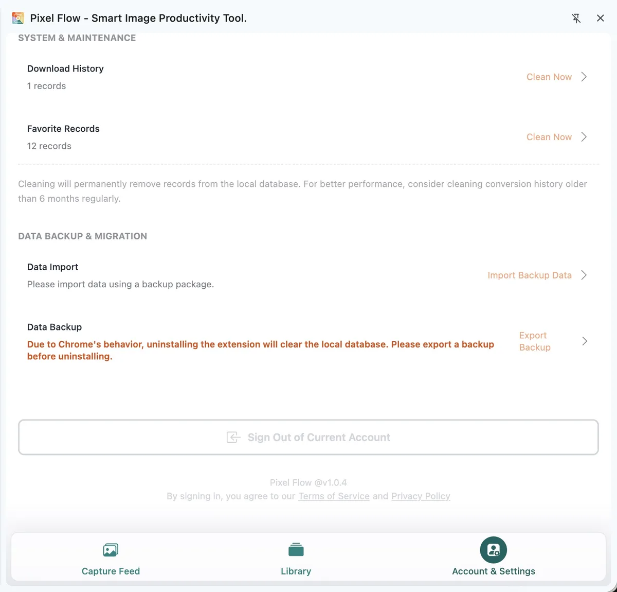 Pixel Flow data backup and migration settings