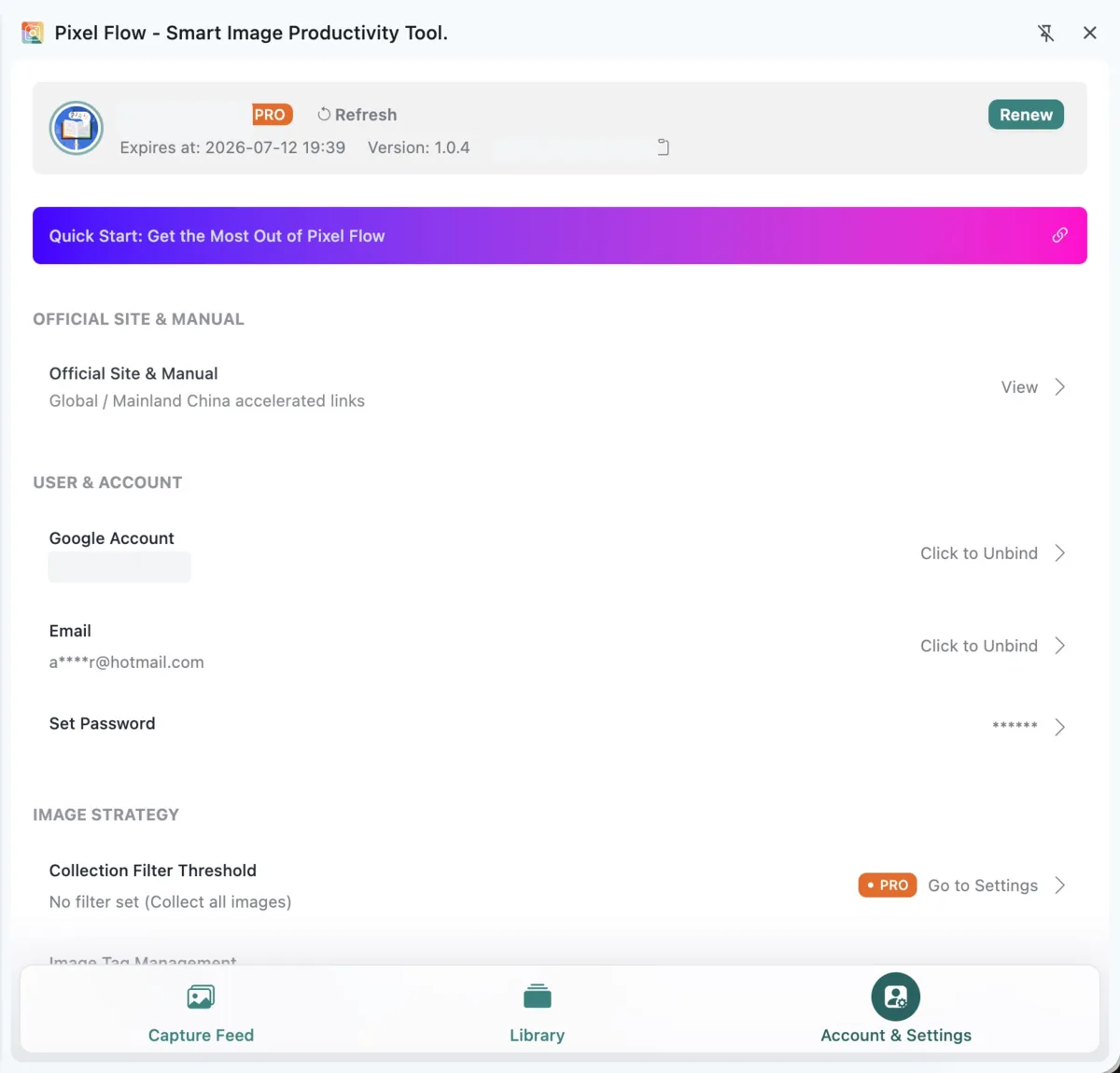 Pixel Flow Account and Settings overview