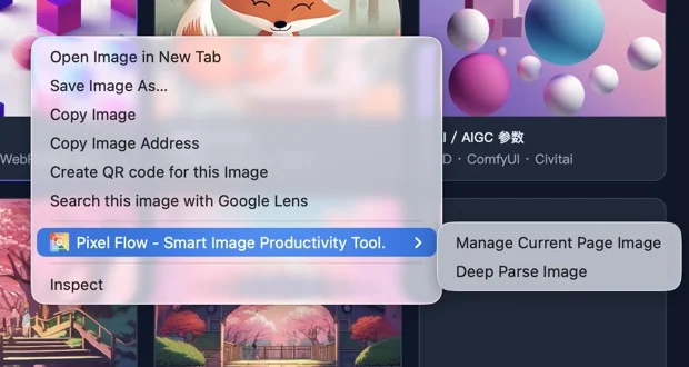 Chrome context menu showing Pixel Flow entries for Manage Current Page Image and Deep Parse Image