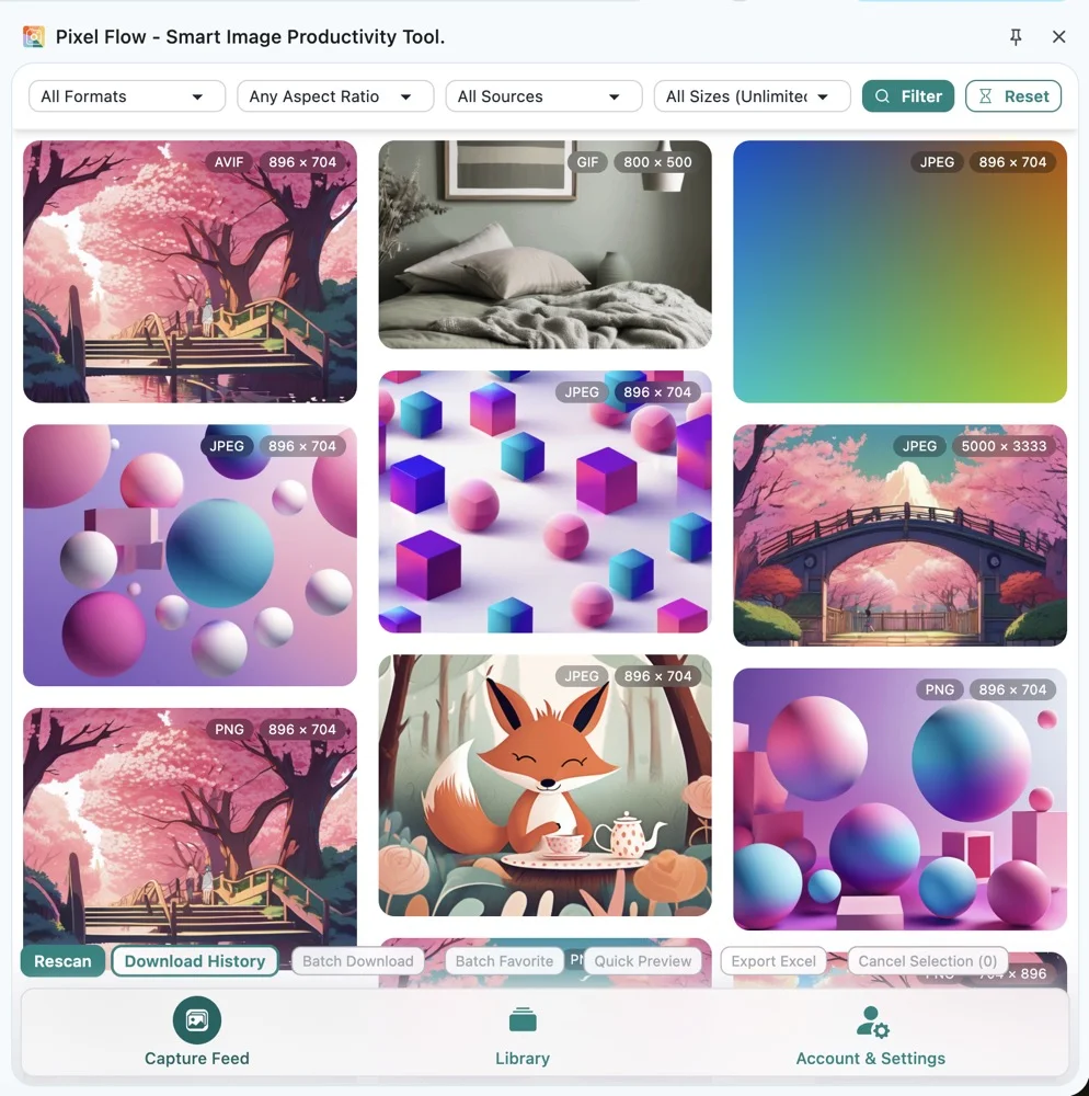 Pixel Flow capture feed showing page images, format labels, dimensions, filters, and bottom action buttons