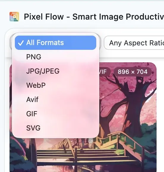 Pixel Flow capture feed filter bar showing image format, aspect ratio, source type, and resolution filters
