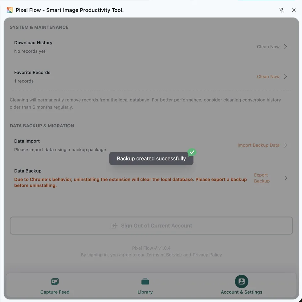 After Pixel Flow data backup export succeeds, the browser download panel shows the backup file