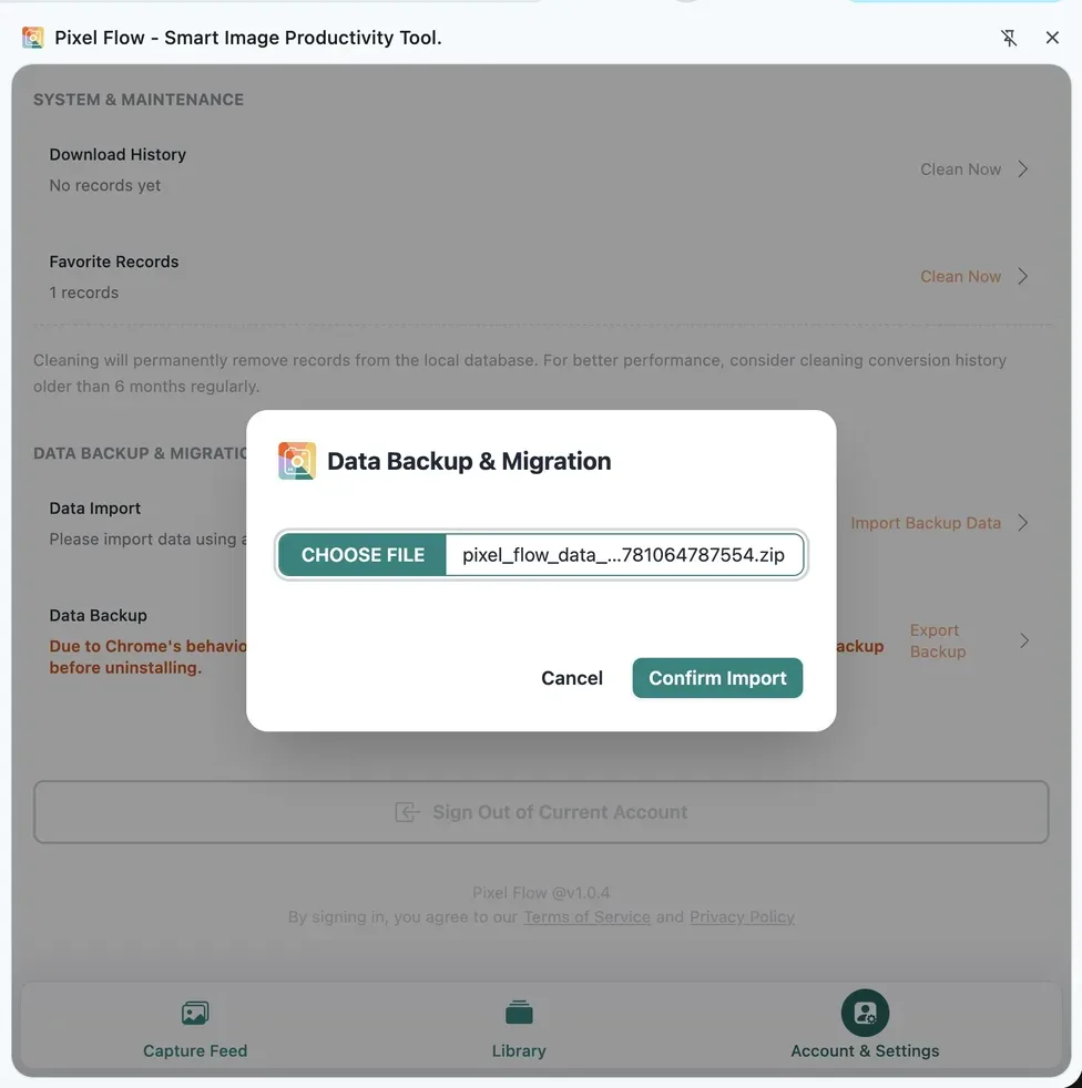 Pixel Flow Data Backup and Migration import dialog showing file selection and the Confirm Import button