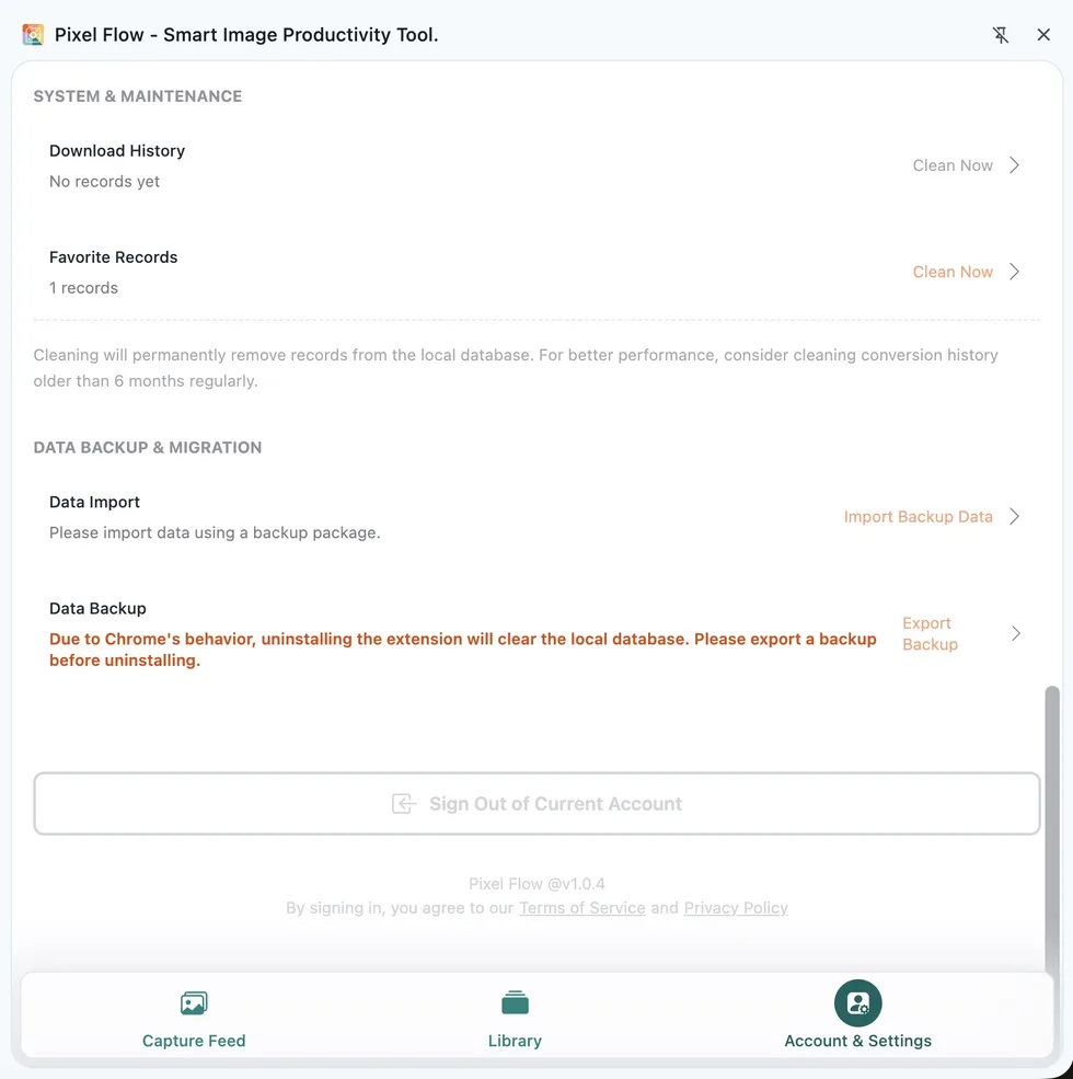 The Data Backup and Migration area in Pixel Flow Account and Settings, with data import and data backup entries