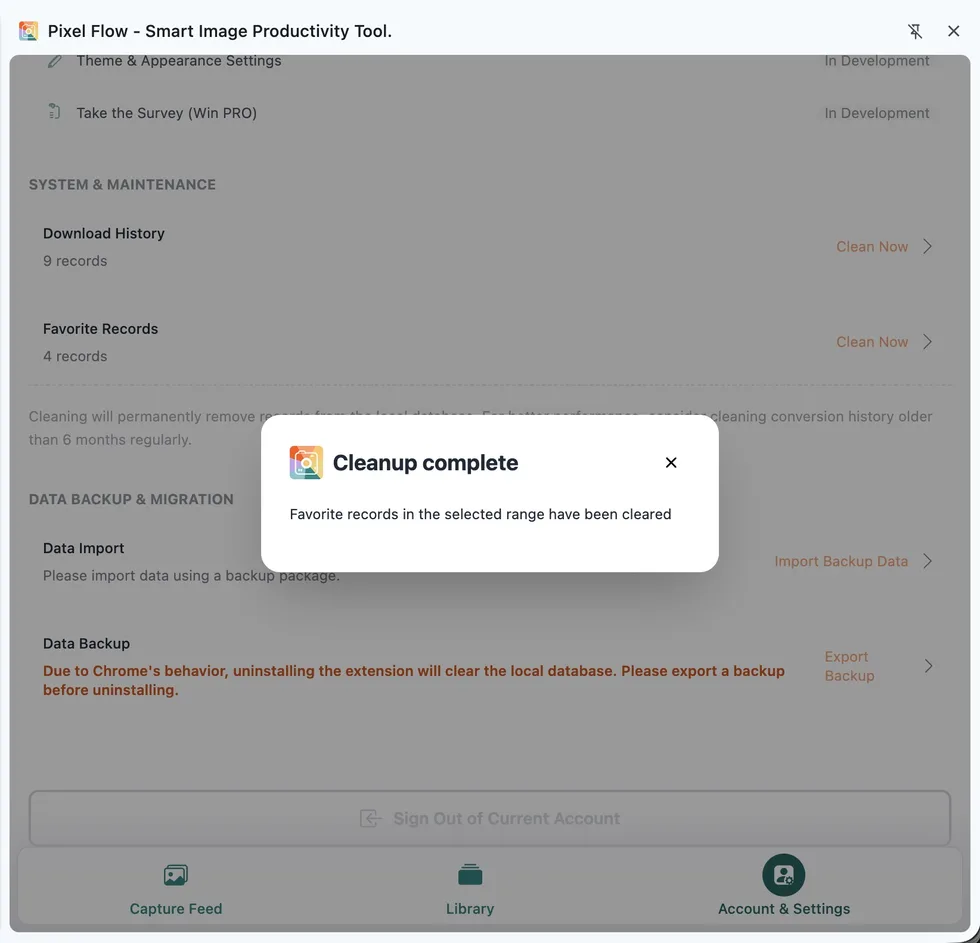 Pixel Flow cleanup complete message showing that records in the selected range have been cleared