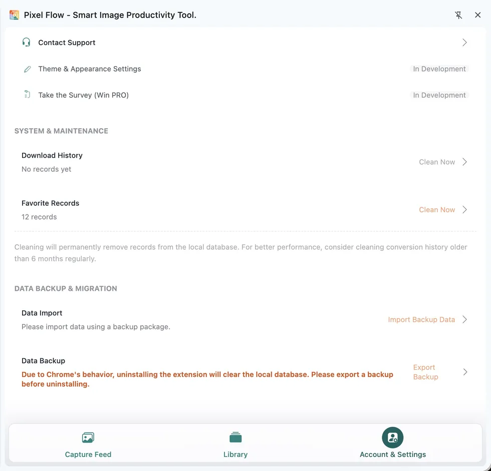 Pixel Flow Account and Settings data cleanup entries showing download history and favorite record counts