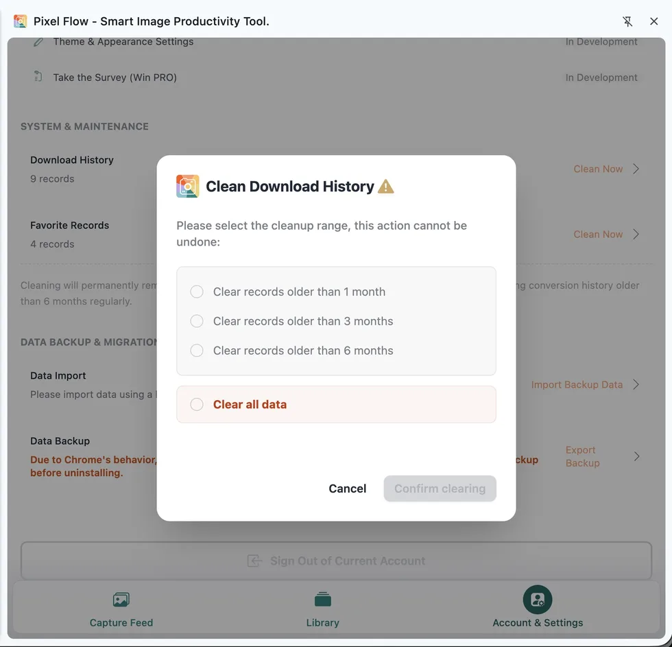 Pixel Flow download history cleanup dialog with options for older than one month, three months, six months, and all data