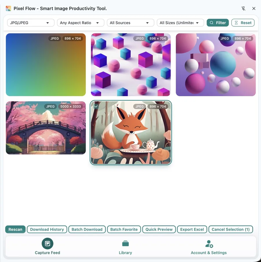 Pixel Flow Capture Feed showing filtered candidate reference images