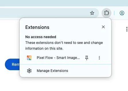 Chrome extensions menu showing Pixel Flow and the option to pin the extension to the toolbar