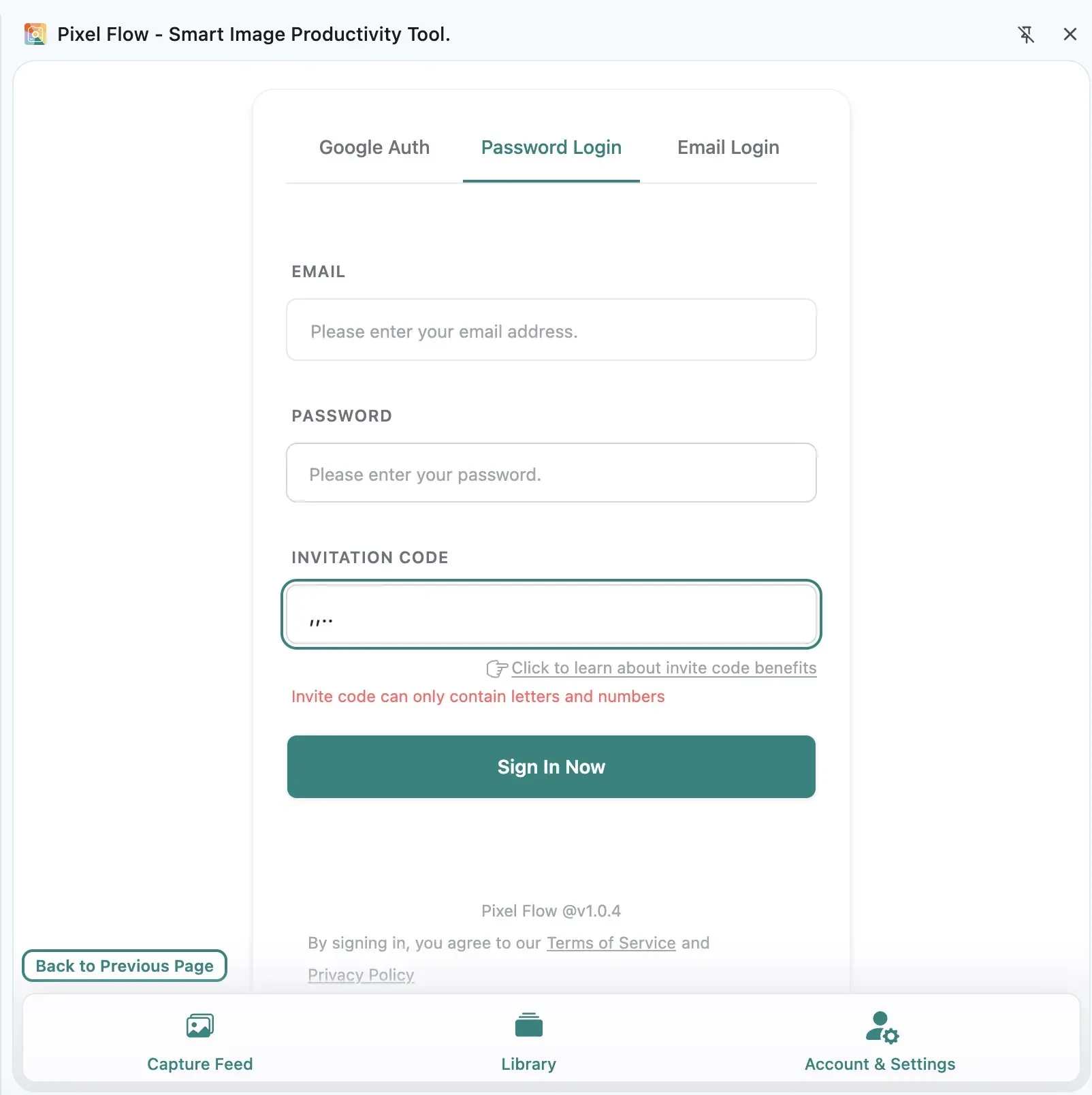 Pixel Flow invite code format error