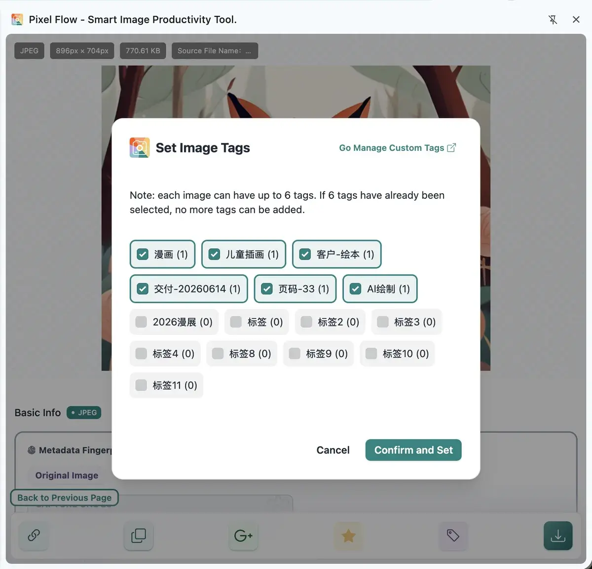 Pixel Flow image detail page showing the maximum of 6 tags per image