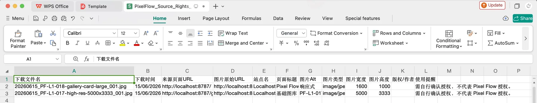 Pixel Flow exported Excel image inventory with source page, image URL, format, dimensions, tags, and usage reminder fields
