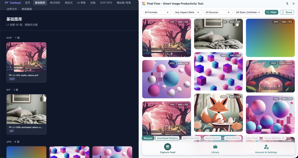 Pixel Flow showing captured page images in the browser side panel