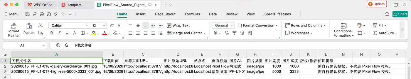 Pixel Flow exported Excel inventory showing source page, image URL, and download time