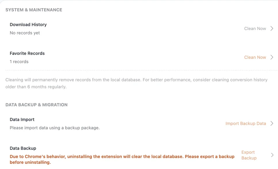 Pixel Flow Settings page showing the Data Backup and Migration area with import and backup entry points