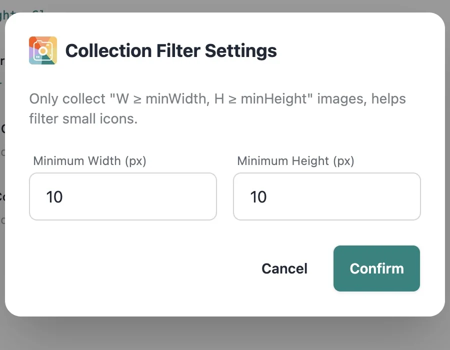 Pixel Flow Collection Filter Settings dialog with minimum width and minimum height fields