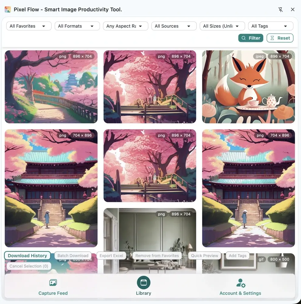 Pixel Flow library showing saved images, tag filters, and an asset list