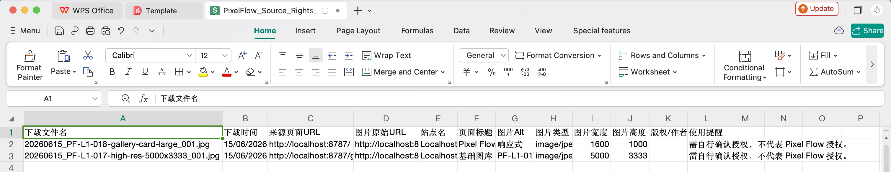 Source clue spreadsheet showing download filename, source page URL, original image URL, site name, and usage reminder