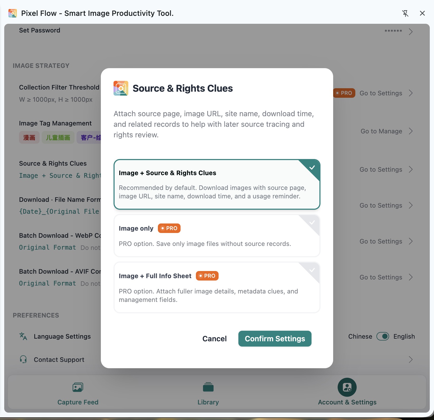 Source and rights clue download options in Pixel Flow