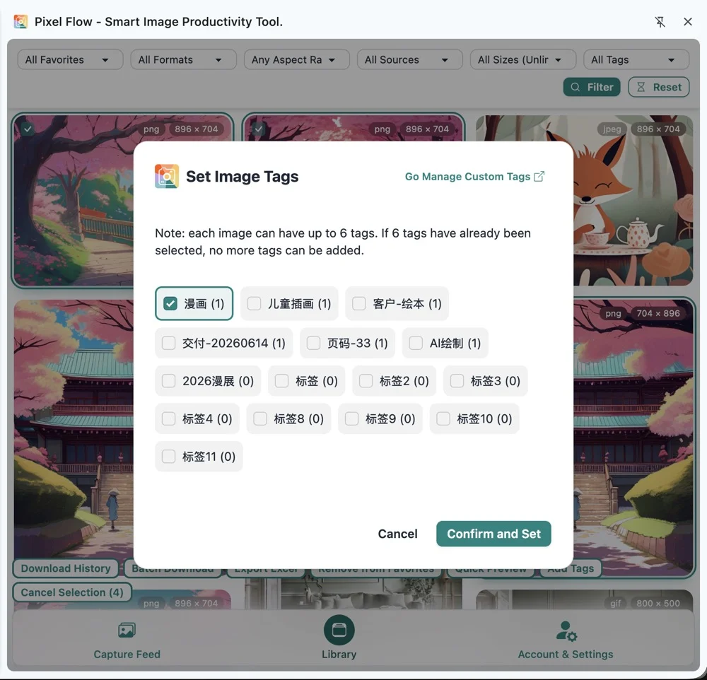 Pixel Flow batch adding tags to selected library images