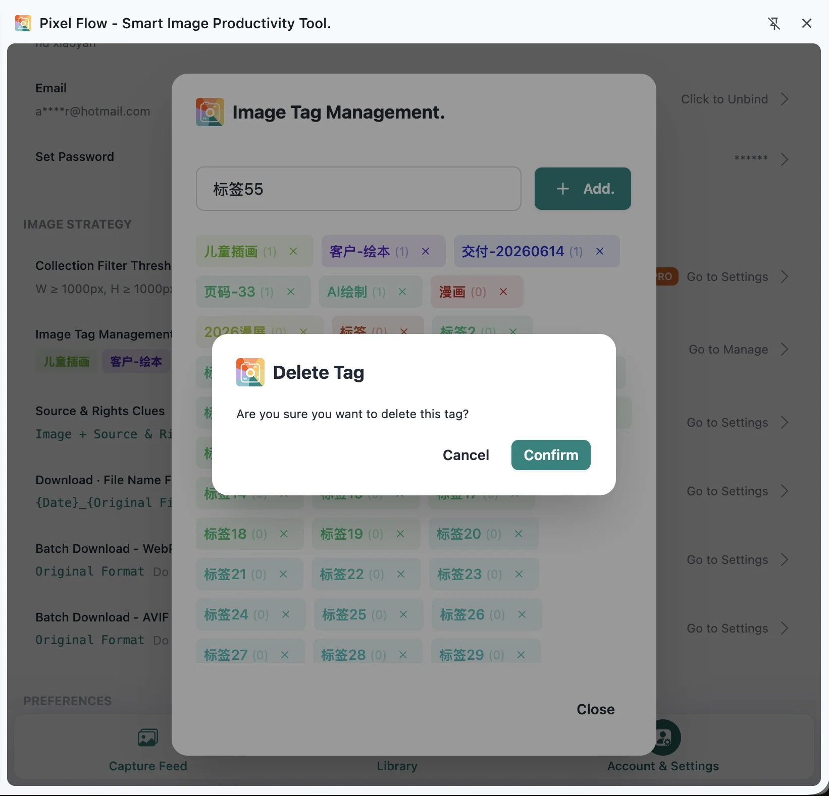 Pixel Flow delete tag confirmation dialog