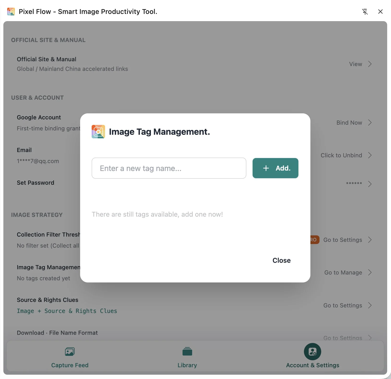 Empty Image Tag Management dialog in Pixel Flow