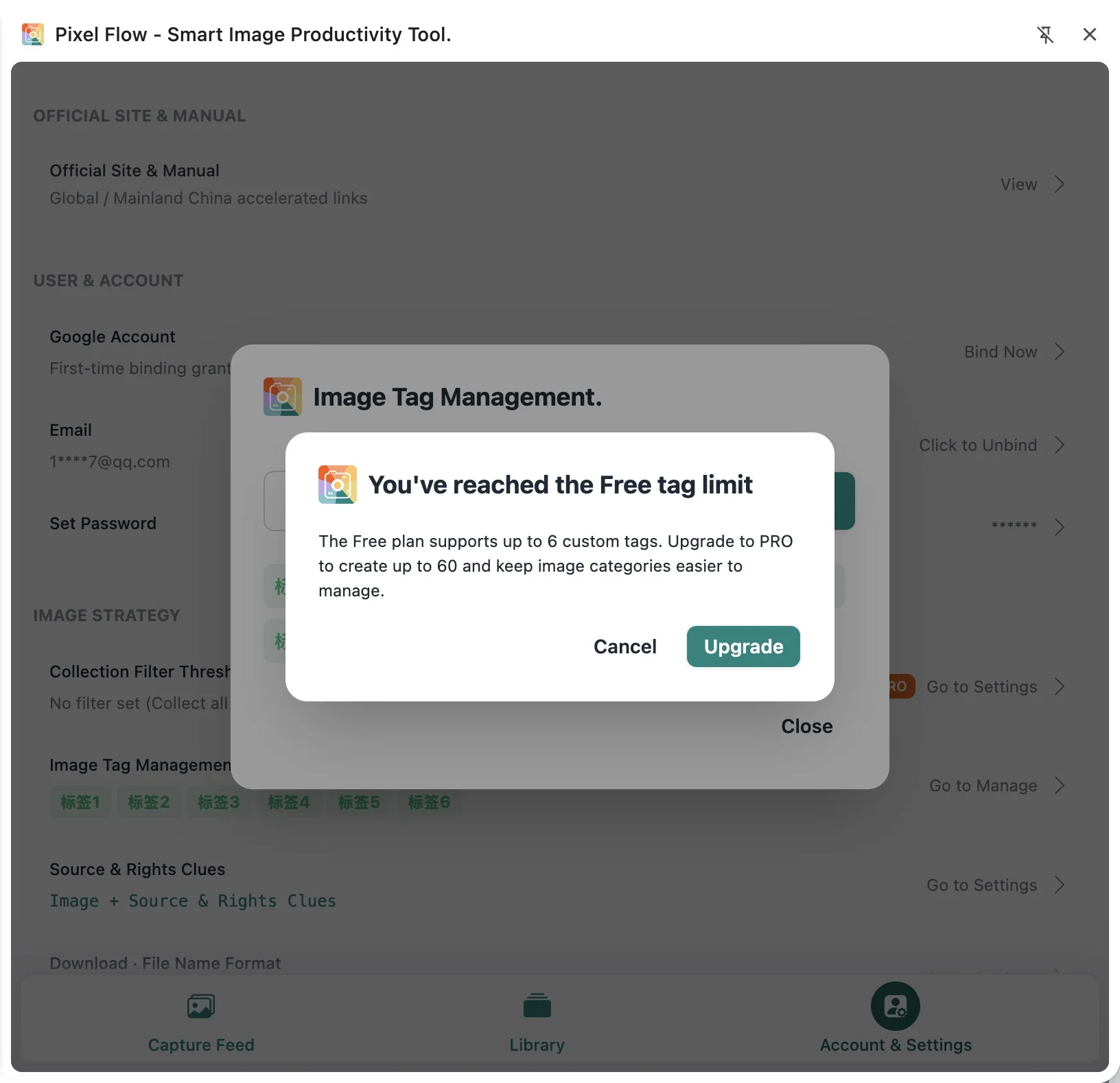 Pixel Flow upgrade prompt after a Free account reaches the tag limit