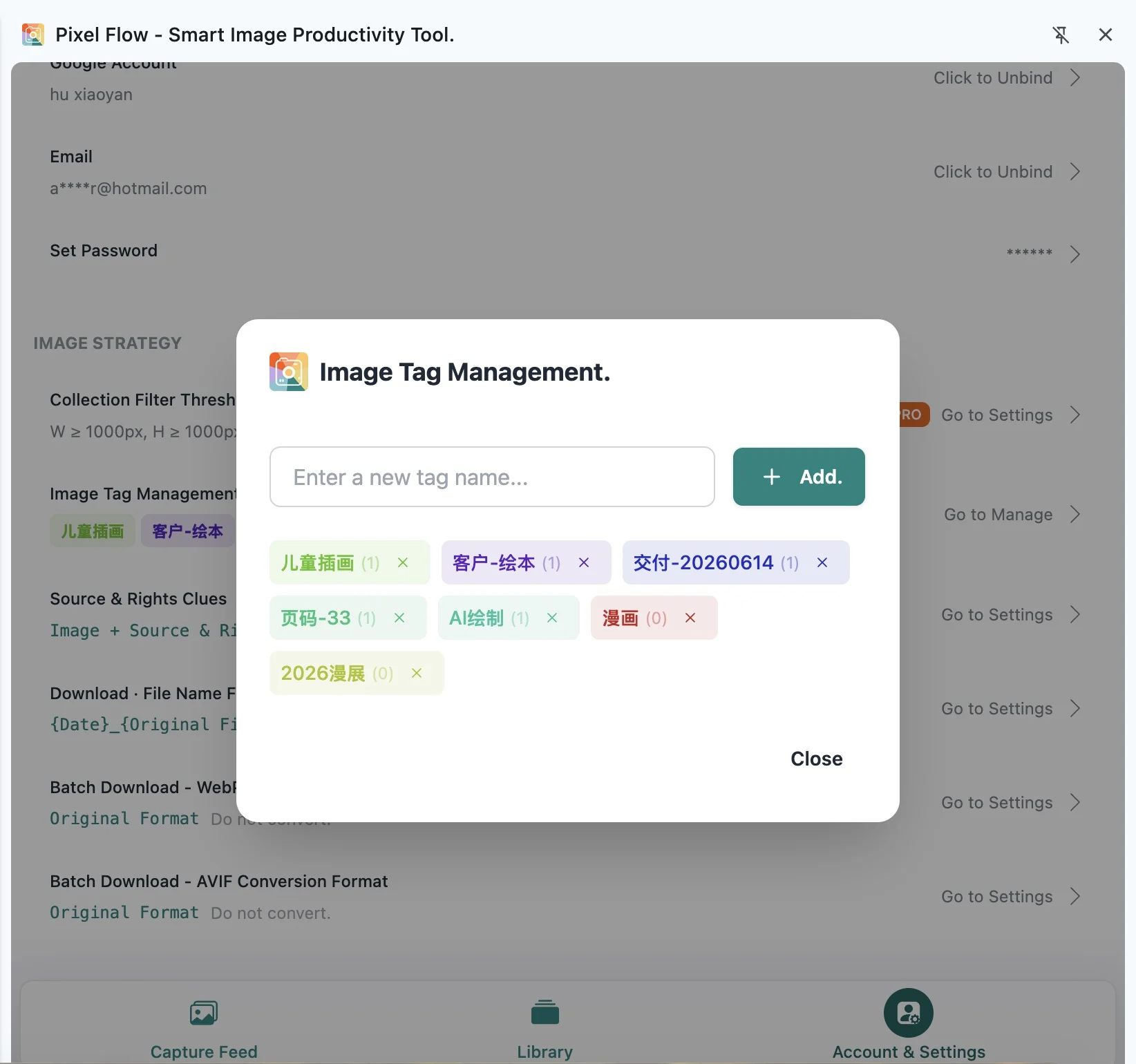 Image Tag Management dialog showing existing tags in Pixel Flow